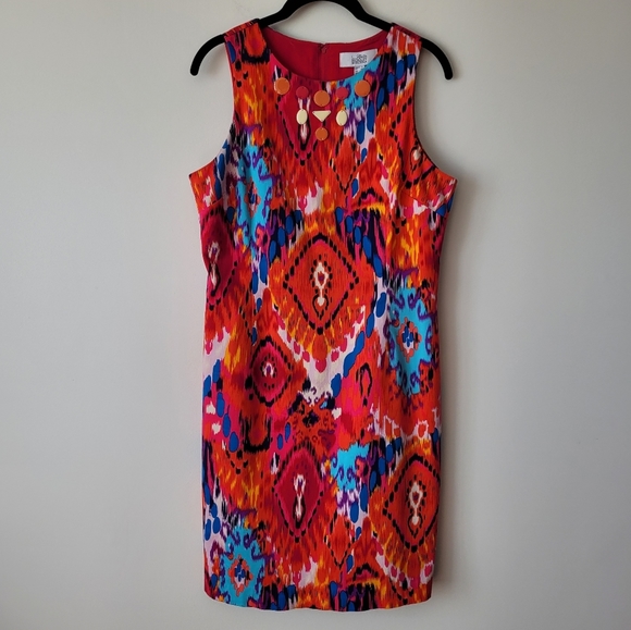Belle Badgley Mischka Ikat Cotton Multi Color Sleeveless Sheath Dress Size 10 - Picture 2 of 15